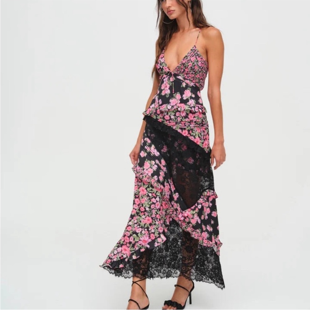 For Love & Lemons Rosalyn Maxi Dress Floral Lace Open Tie Back Black Pink Small - Picture 4 of 12